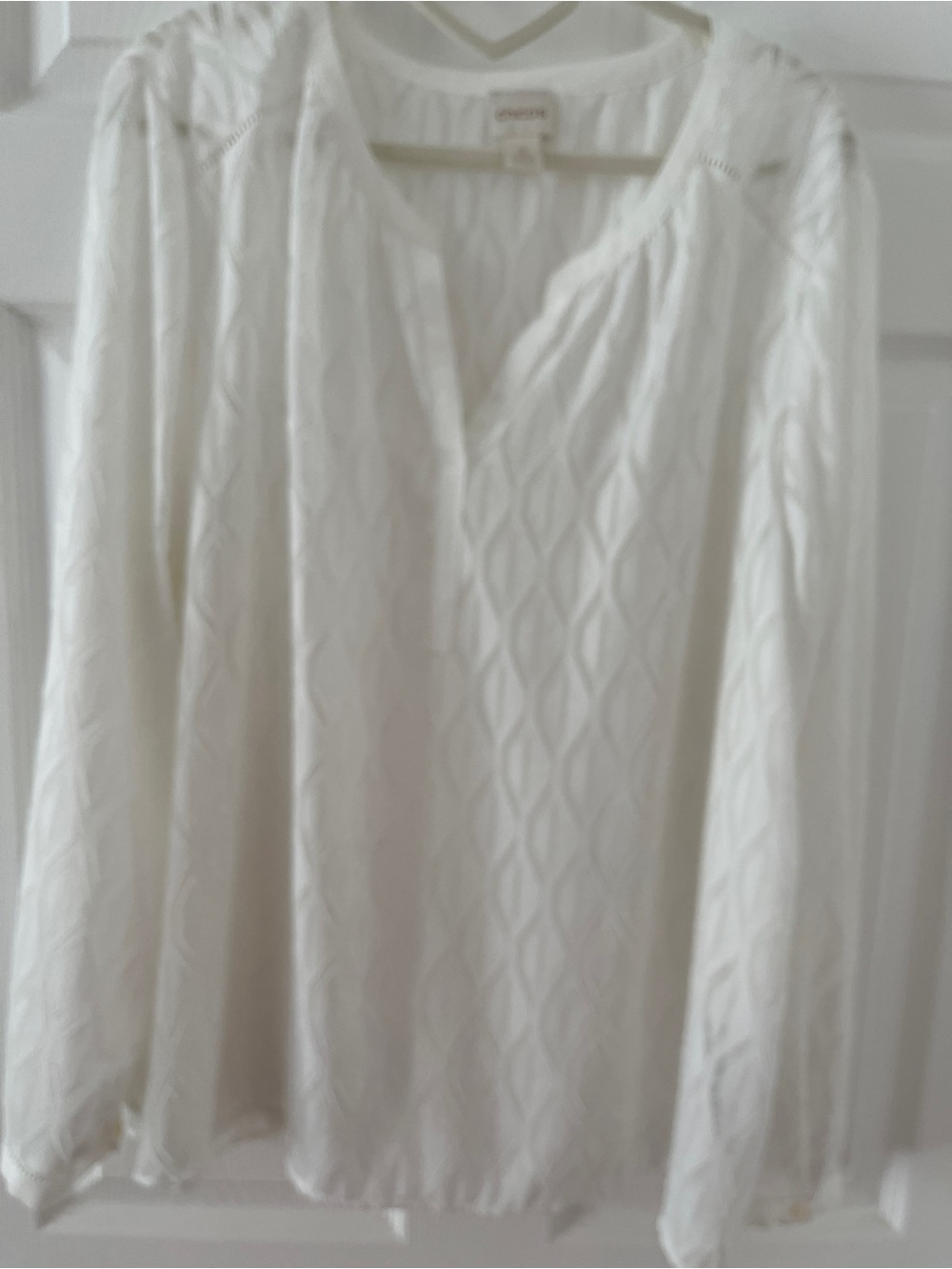 White Textured Long Sleeve V-Neck Blouse